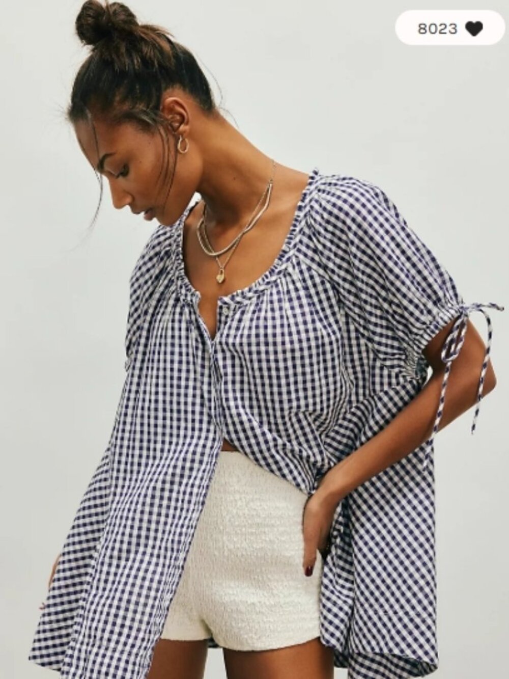 Free People Farley Gingham Tunic Navy Combo Plaid Puff Sleeve Mini Dress Small